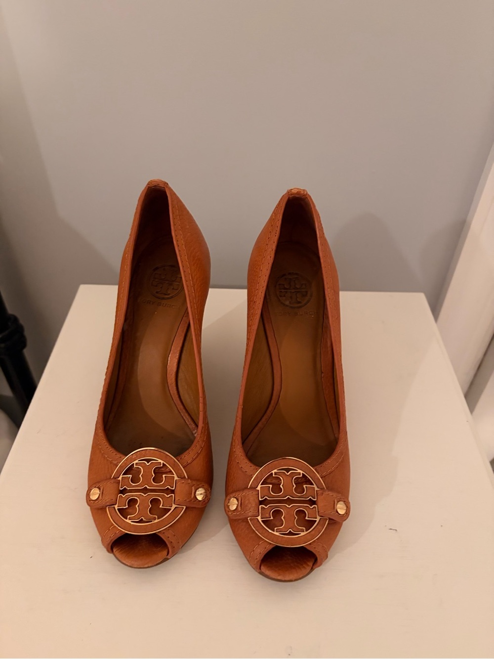 Tory Burch Cognac Peep-Toe Logo Wedge Pumps